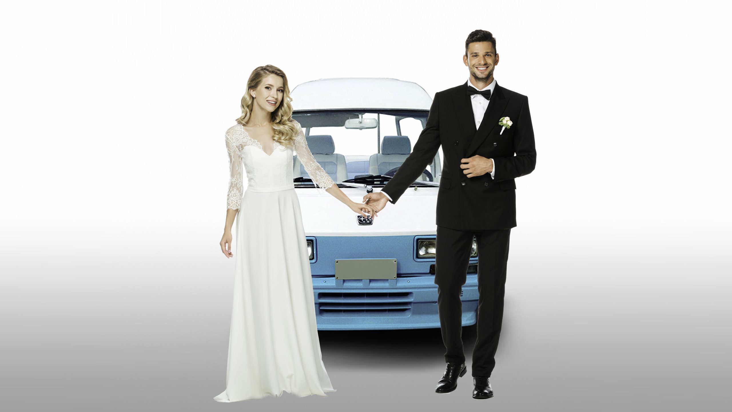 Beautiful outdoor shot next to a pink car. Action. An elegant couple with a brunette girl in a white dress and a man in a suit are walking in front of a pink car. High quality 4k footage